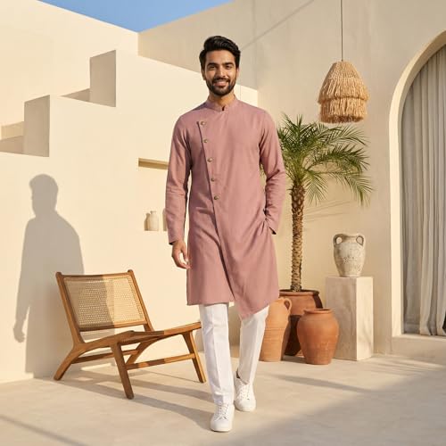 Image of OOMPH! Men's Ethnic Traditional Asymmetric Kurta Polycotton Regular Fit | High Neck Full Sleeves | Traditional Indian Festive Kurta | Stylish Casual and Wedding