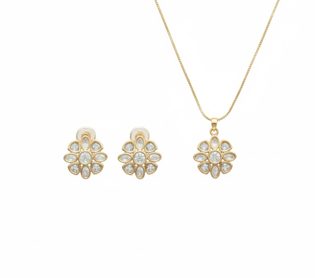 jewellity Moissanite Kundan Pendant and Stud Earrings Set, Gold Tone, Floral Design, with 22 cm Chain, For Women and Girls, PSK-5383-picture-51
