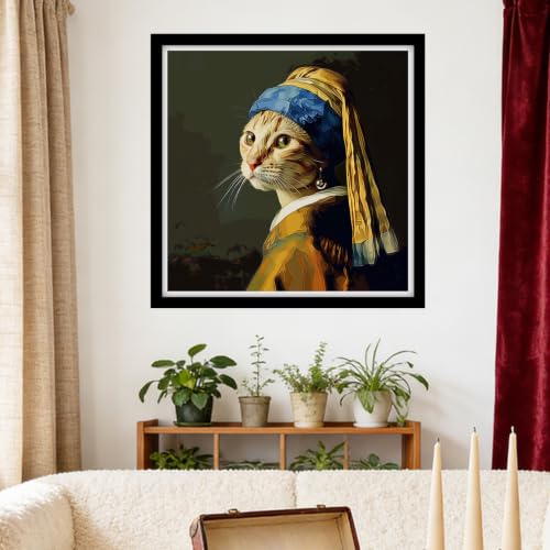 Image of Foxhool Stamped Cross Stitch Kits,11CT Printed Cross Stitch Pattern Full Embroidery Kits for Beginner Needlepoint Kits-A cat with Pearl Earrings 18x18 inchs