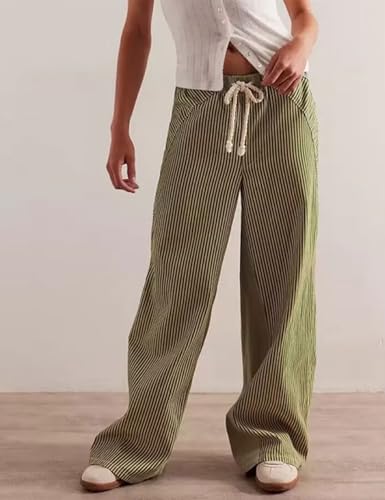 Zontroldy Women's Boho Striped Patchwork High Waisted Drawstring Wide Leg Pants Palazzo Pants Trousers2