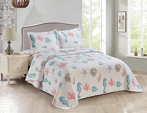 AZORE LINEN White Turquoise Coral and Brown Summer Beach Coastal Reef Marine Life Lightweight Soft Bedspread Bedding Coverlet Quilt Set with Seashells - Florida (Full   Queen)