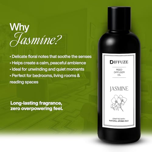 Image of DIFFUZE Jasmine Essential Oil Reed Diffuser Refill with 10 Fibre Reed Sticks | Floral Aroma Oil & Fragrance Oil | Diffuser Oil for Home Fragrance | Essential Oil Diffuser for Home