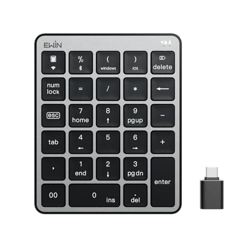 Ewin テンキー numlock非連動 Bluetooth/2.4G接続 2台デバイス接続 ワイヤレス 数字キーボード Bluetoothキーボード 超薄型 左手デバイス 片手デバイス ショートカットキー 日本語対応 iOS iPadOS Windows Androidに対応 (グレー)