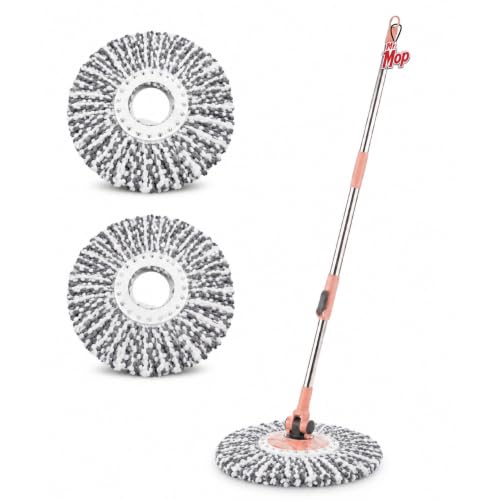 Image of Mr.Mop 360 Spin Universal Peach Stick Rod with 2 Microfibre Grey Refills - Magical Extendable Handle Pocha for Floor Cleaning