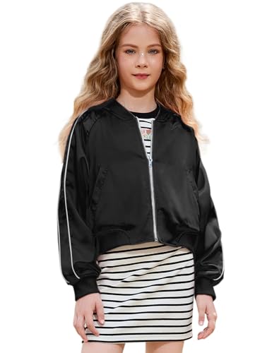 Girls Satin Bomber Jacket Cropped Zip Up Coats Teen Lightweight Flight Jacket Casual Outerwear with Pockets