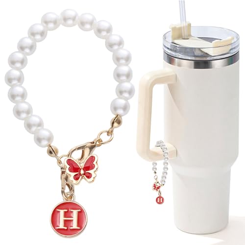 Image of Accessories for Stanley Cup Pearl Chain Initial Accessoriess for Handle Stuff Decor Water Bottle Jewelry Tumbler Cute Simple Modern Personalized Name ID Decorations Letter Red Tag H