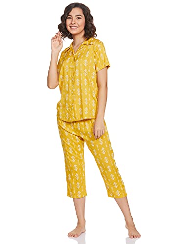 Image of Longies Women's Rayon Pyjama Night Suit Regular Capri Set (LCHSV001 Yellow009 XL)
