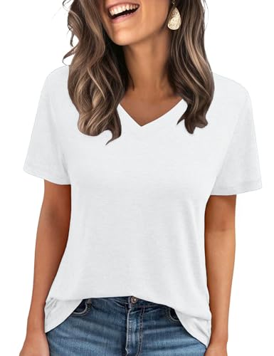 C.O.Z.Y Short Sleeve T-Shirts V Neck T Shirts for Women Light Weight Casual Summer Top Outfit Clothes 2025 White XXL