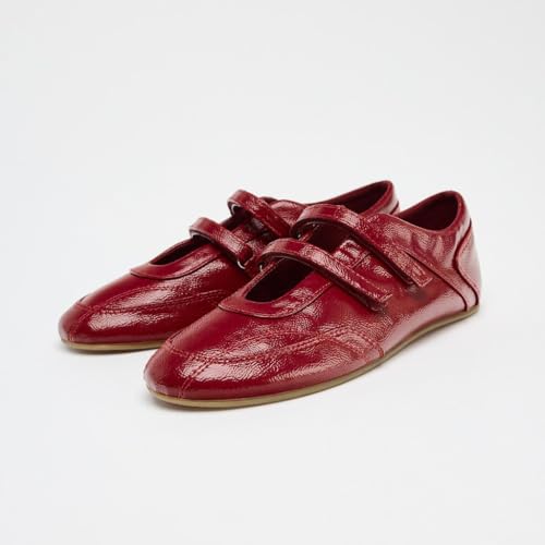 Women's Round Toe Retro Sneakers Double Strap Ballet Flats Red Low Top Classic Causal Shoes2