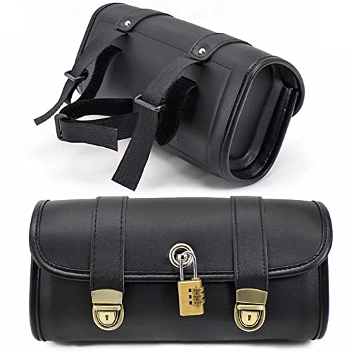 Bolso para manillar de motocicleta Riloer estilo retro negro con candado, bolso tipo silla de cuero PU para horquilla delantera, costuras finas y herrajes metálicos dorados, montaje delantero y trasero