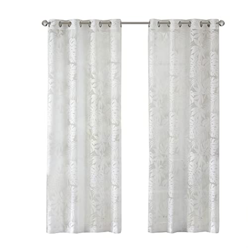 Madison Park Semi Sheer Single Curtain Modern Contemporary Botanical Print Out Design, Grommet Top, Window Drape For Living Room, Bedroom And Dorm, 50X84", Tropical White #TOP7