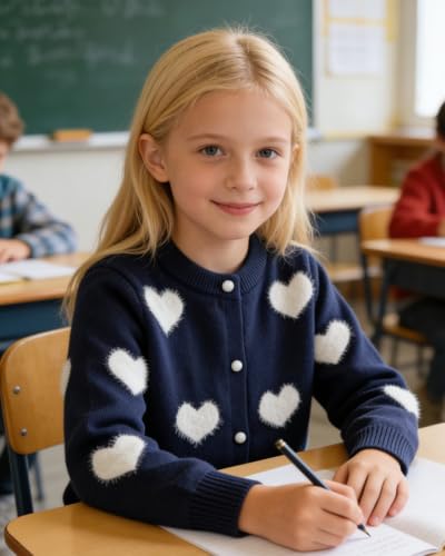 Image of CM-Kid Girl's Knit Sweater Cardigan Heart Long Sleeve Button Up Jacket Coat