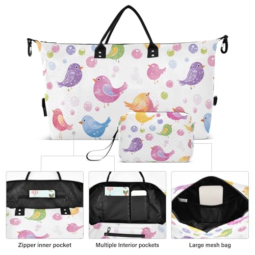 Bird Travel Gym Bag, Colorful Birds White Background Weekender Overnight Duffle for Women with Toiletry Bag Travel Swim2
