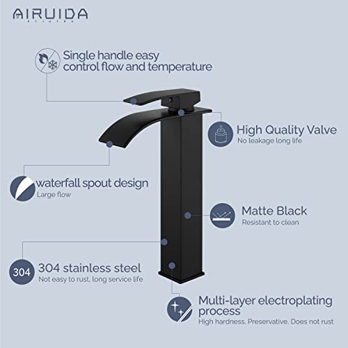 Airuida Vessel Sink Faucet, Matte Black Waterfall Spout Bathroom Faucet, Tall Single Handle One Hole Bowl Mixer Tap, Waterfall Spout Lavatory Vanity With Pop Up Drain #TOP7