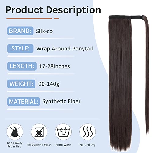 Silk-co Clip in Ponytail Wrap Around Hairpiece Straight Pony Tail Hair Clip on Extension 28 Long hair smooth Heat-Resisting Fiber Hairpiece for Women Dark Brown - Image 2