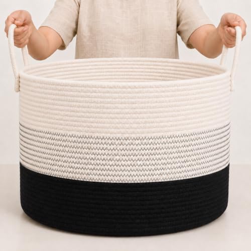 Image of OrganiHaus Round Toy Basket & Blanket Basket, Cotton Rope 20x13 inch | 3-Toned Black - Round Cotton Rope Basket, 20x13 inch