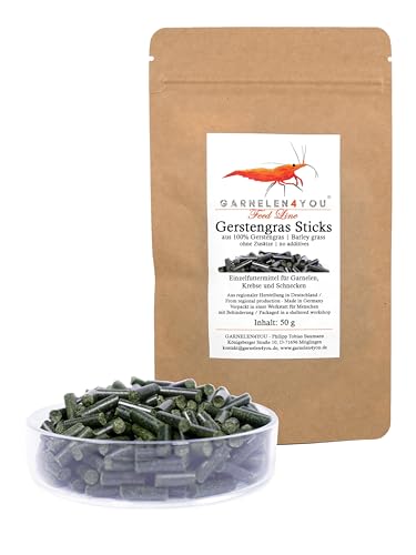 GARNELEN4YOU® Gerstengras Sticks | Premium Garnelenfutter | nachhaltige Verpackung | Made in Germany | Futter Pellets für Garnelen, Krebse, Schnecken & Co.