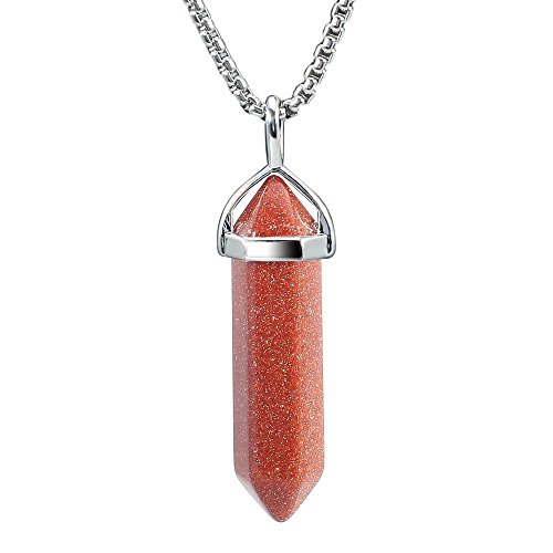 BEADNOVA Synthetic Goldstone Necklace Gemstone Crystal Necklace for Women Healing Stone pendant Jewelry for Men Pendulum Divination Energy Healing Hexagonal pendant (18 Inches Stainless Steel Chain)