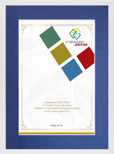 FRAME EAZY White A5 Photo Frame with A6 Blue Mount to Hang Portrait or Landscape - Thin Picture Frame With Safe Perspex Front - A5 (14.8 x 21cm) For Picture Size A6 (10.5 x 14.8 cm)