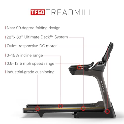 Image of Matrix Fitness TF50 Treadmill with XUR | 22 inch Touchscreen (WiFi+BT+HDMI) | Club-Quality Folding Treadmill for Running, 5K & Marathon | Heavy-Duty Frame, Extra-Thick 20 inchx60 inch Deck, Industrial Cushioning