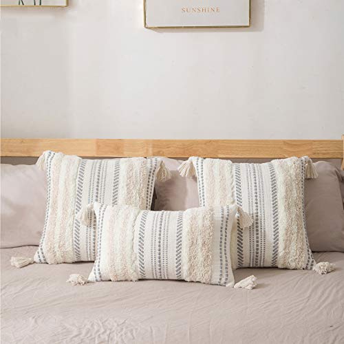 Decoruhome Decorative Boho Throw Pillow Covers 18X18 Set Of 2, Lumbar Accent Neutral Tufted Pillow Covers For Couch Bed Sofa Living Room, Textured Striped Woven Pillow Covers, Beige And Cream White #TOP1