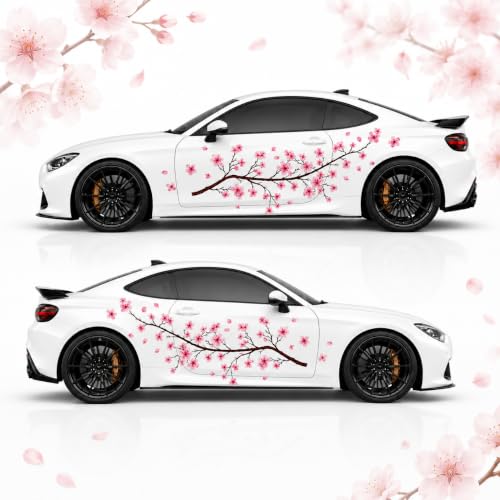 Image of 2PCS Sakura Cherry Blossom Car Side Decals - Japanese Floral Vinyl Graphics for Cars, SUVs, Trucks & Vans - Waterproof Fade Resistant Exterior Door Sticker Set (Left & Right Pair)