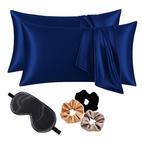 Image of Premium Satin Pillowcase Set of 2 with Eye Mask & 3 Scrunchies | Silky Soft, Anti-Frizz, Skin & Hair Care Sleep Set | Luxury Gift Combo for Women & Girls (Navy Blue)