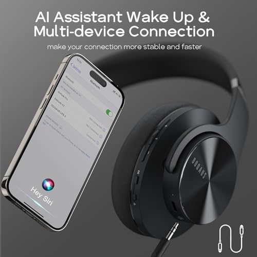 DOQAUS Bluetooth Headphones Over Ear, 90H Playtime Wireless, 3 EQ Modes, HiFi Audio & Deep Bass, ENC Noise Isolating Mic, Soft Earpads for Phone/PC