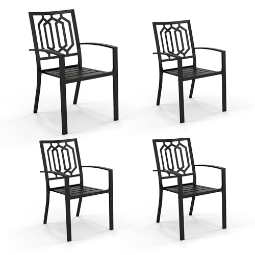 Image of PHI VILLA Patio Dining Chairs Set of 4, Stackable&Wrought Iron | Black Stackable Wrought Iron Outside Dining Chairs, All Weather Heavy-Duty Furniture for Patio, Deck, Porch, Backyard