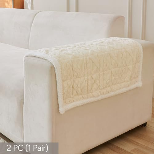 Image of HOKIPO 'Italian Caelora' Luxury Jacquard Plush Anti-Slip Sofa Armrest Covers | 1 Pair - Pearl White (AR-5953-WHT*2)