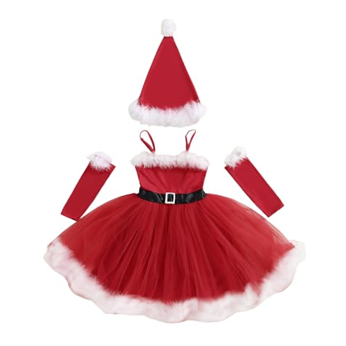Christmas Toddler Girl Dress Sleeveless Santa One-piece Dresses Arm Sleeves Hat Set Kids Girls Christmas Outfit (Red 5-6 Years)