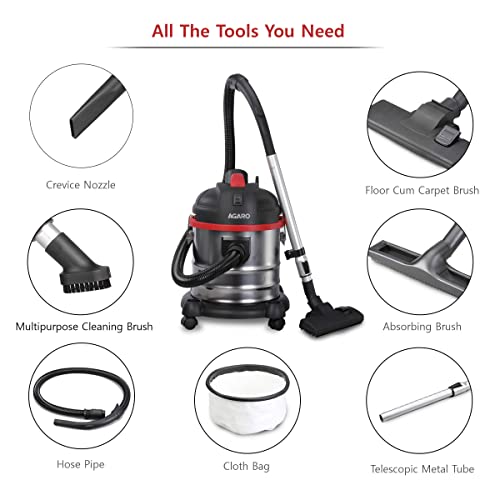 AGARO Ace 1600 Watts, 21.5 kPa Suction Power, 21 litres Wet & Dry Stainless Steel Vacuum Cleaner with Blower Function and Washable Dust Bag AGARO Ace 1600 Watts, 21.5 kPa Suction Power, 21 litres Wet & Dry Stainless Steel Vacuum Cleaner with Blower Function and Washable Dust Bag