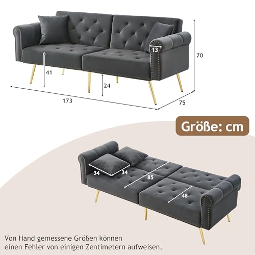 ALAMHI Modernes 2 Sitzer Sofa,Schlafsofa aus Samtbezug,Couch, Klappsofa mit Verstellbare Rückenlehne, Deluxe Sofa mit Schlaffunktion– Polstersofa für Wohnzimmer, Wohnung, Buro (Antique Gray)
