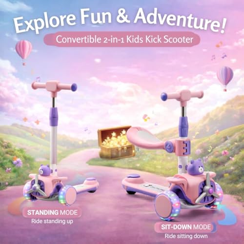 Image of 2-in-1 Multi Mode Kick Scooter for 3-10 Years Old Kids | 3-Level Height Adjustable Handlebar | Music & PU LED Flashing Wheels | Foldable and Lightweight (KS-213 Pink /Purple)
