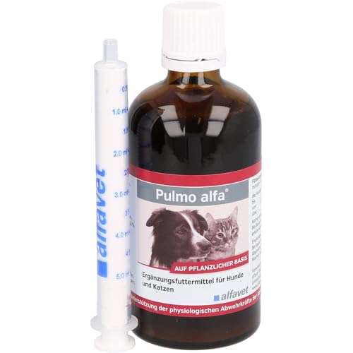Alfavet Pulmo alfa | 100 ml | Flüssiges Ergänzungsfuttermittel für Hunde und Katzen | Zur Unterstützung der Atemwege | Mit pflanzlichen Substanzen und natürlichen Aromastoffen