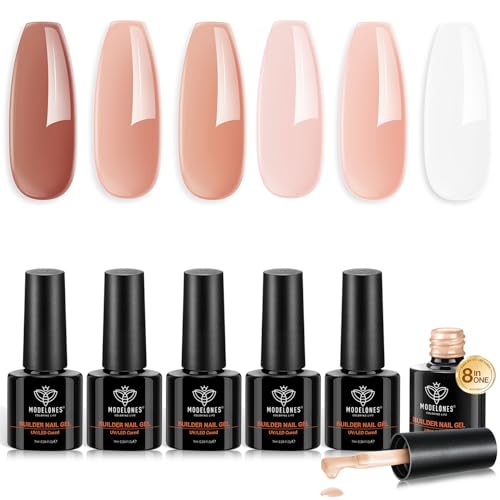 Image of modelones Gel Polish Builder Nail Set, Base Colors 8-in-One Jelly Caramel Brown Latte Clear Builder Nail Gel for Nails Strengthener Hard Extension Rubber Lamp Cured 6 Colors