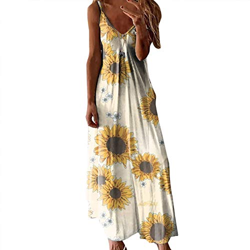 Womens Dresses Summer Casual Beach Sling V-Neck Long Dress Sun&Moon Printing (Gold,Large) Shirts Tops Dresses