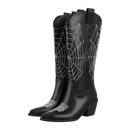 Cowboy Boots for Women,Spider Western Pointed Toe Chunky Heel Pull-On Mid Calf Boots for Women Cowgirl Boots Fashion Embroidered Tall3