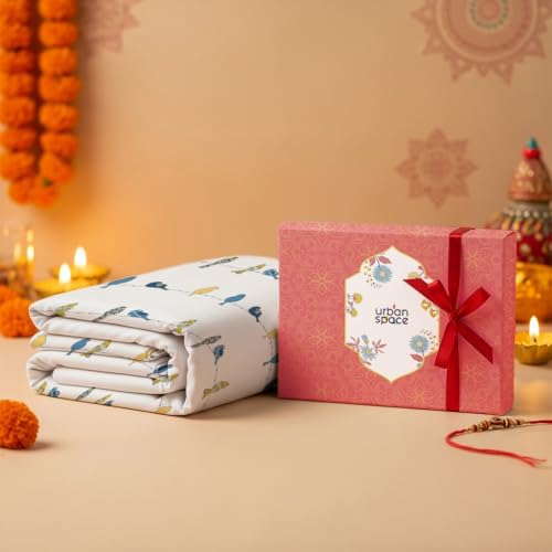 Image of Urban Space Divine 144TC 100% Cotton Printed Bedsheet for Double Bed, Double Bed Sheet Cotton with 2 Pillow Covers and 3 Cushion CoversWith Giftbox (Humming Bird Blue, Size 88 X 100 Inches)