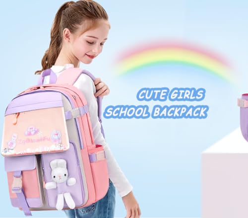 Image of Girls Backpack, Kids Backpack for Girls School Bunny Book Bag for Elementary Primary School Kindergarten Elementary Preschool Middle