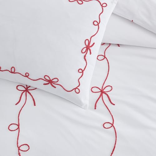 Peri Home Bow Bedding Duvet Cover Cottage Core Vintage Country 100% Cotton 3-Piece Set, King, Chili Red Sasha Bows
