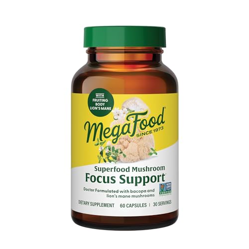 MegaFood Superfood Mushroom Focus Support - Lions Mane Supplement Capsules - Doctor Formulated Lions Mane Mushroom Supplement with Clinically Studied Bacopa - Vegan - 60 Capsules 30 Servings