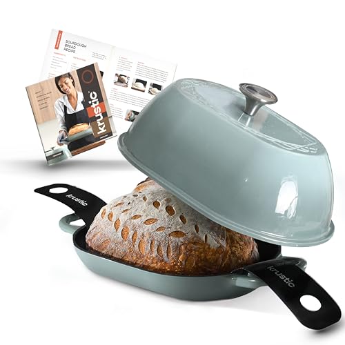 Krustic Enameled Cast Iron Dutch Oven for Professional Sourdough Bread Baking | 5.5 Quart Loaf Size Oval Cookware Pot with Lid | Triple-Layer Enamel Coating Pan with Non Stick Silicone Mat | Sea Salt