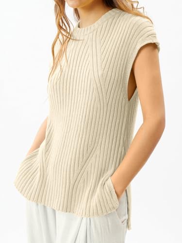 Image of Imily Bela Womens Short Sleeve Sweater Casual Crew Neck Rribbed Knit Split Pullover Summer Tunic Tops
