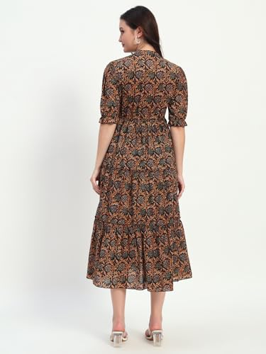 Image of Women's Fit and Flare Dress I Pure Cotton Long Summer Maxi Dress I V-Neck I Casual Wear I Printed Kalamkari Floral Middi