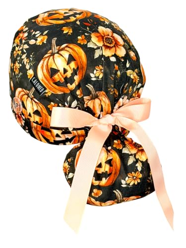 Image of Scrub Cap for Women and Men, Ponytail Scrub Caps, Working Hat, Head Cover with Ribbon Ties and Buttons, Long Hair