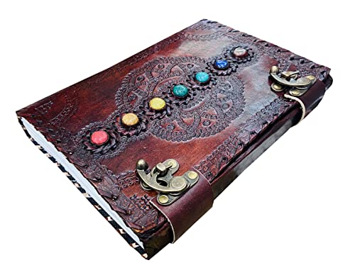 Carnet de poésie en cuir nacré 7 pierres chakra | Journal de bureau 25x33 cm