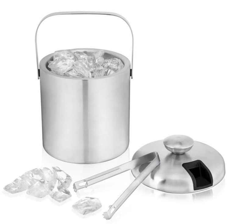 Firelex Ice Bucket Metal Ice Bucket - 1.3L Double Wall Stainless Steel Ice Bucket with Lid Tongs and Strainer - Small Cooler Ice Bucket Insulated for Whiskey Cocktail Bar Chilling Home Parties