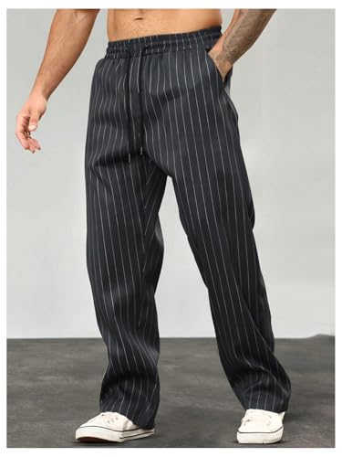 GORGLITTER Men's Baggy Striped Dress Pants Wide Leg Flared Drawstring Waist Trousers with Pockets2