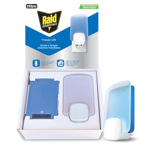 Raid Essentials Pack Trampa LED Antimoscas, Antimoscas de Fruta y Antipolillas, Sin Insecticida, Protección 24/7 contra Insectos Voladores, para Uso Interior, 1 Aparato + 1 Recambio